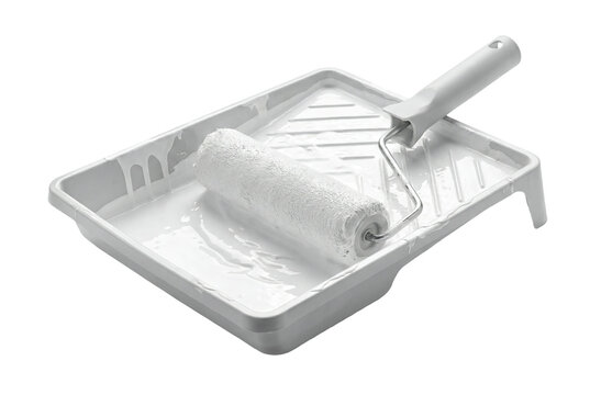 White Paint Roller and Plastic Tray with Fresh Paint, Home Renovation DIY Tool, isolated on transparent background