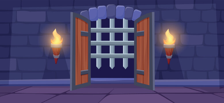 Iron grate and open door in medieval dungeon. Castle or palace underground area, fortress prison. Stone wall with fire torches, vector background