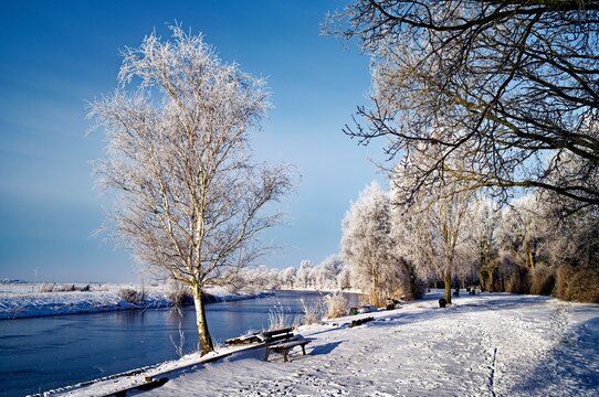 Bench in a Snowy winter landscape by an Ems side canal, East Frisia, Lower Saxony, Germany