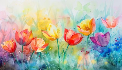 Vibrant watercolor illustration of colorful flowers blooming in a sunny garden setting with a soft abstract background