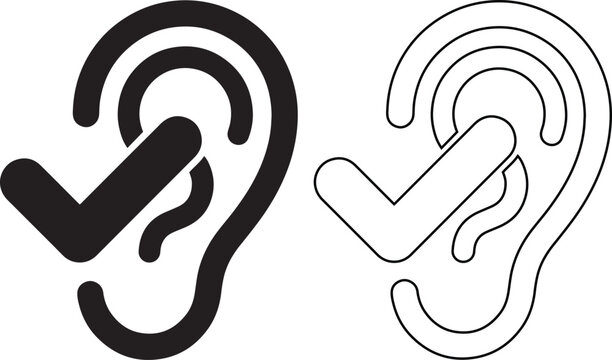 Ear with check mark vector icon set representing hearing test results, auditory health approval, or listening skills, available in silhouette and outline styles for medical apps.