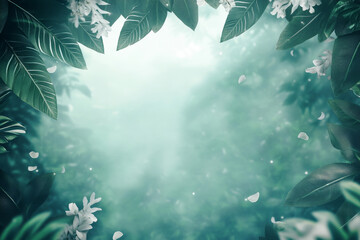 Dreamy tropical jungle canopy with lush green leaves and delicate white flowers, soft light filtering through mist, creating serene and peaceful atmosphere
