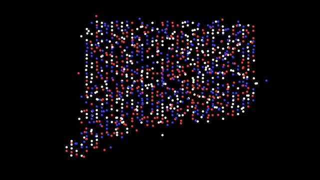Connecticut map animation in 4K 60fps. Patriotic 3D red white and blue spheres forming the state shape. Transparent background ProRes video for election news and voting projects.