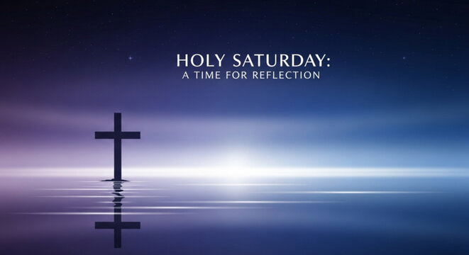 Holy saturday reflection with cross on calm water at sunset symbolizing hope and spirituality