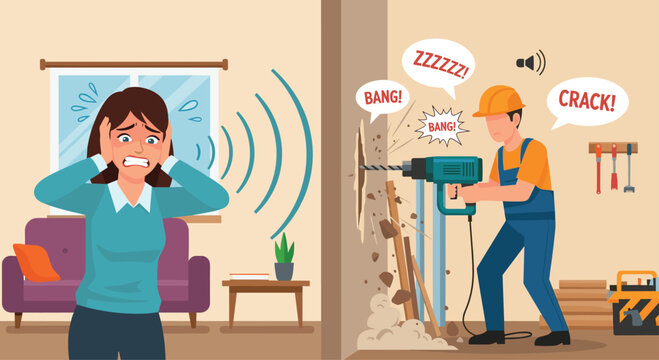 Stressed woman covering ears from loud construction noise next door with a man drilling into a wall.