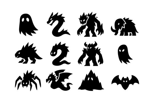 Silhouette icons of fantasy creatures and monsters in black