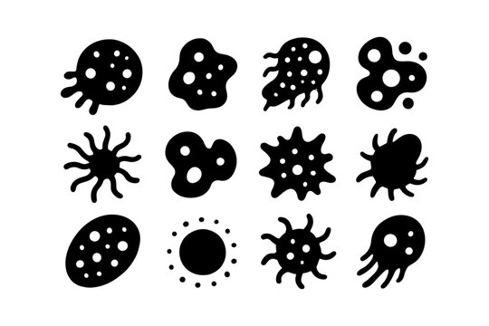 Abstract collection of organic blob shapes with circular patterns in black silhouette style