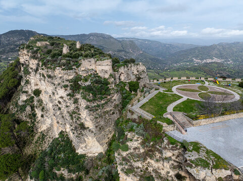 Aerial view of Gerace, Reggio Calabria, in the Aspromonte National Park. Norman Castle of Gerace. Calabria, Italy.