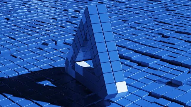 Abstract geometric puzzle. Impossible blue Penrose triangle structure made of cubes on a digital grid. Use for complexity, technology, or digital innovation.