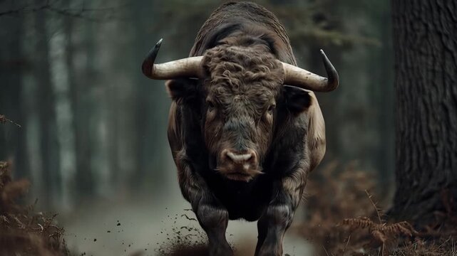 4K Powerful european bison charging through a dark, moody forest with dust kicking up from the ground video