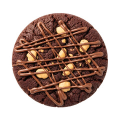 Chocolate cookie with nuts and chocolate drizzle isolated on a transparent background