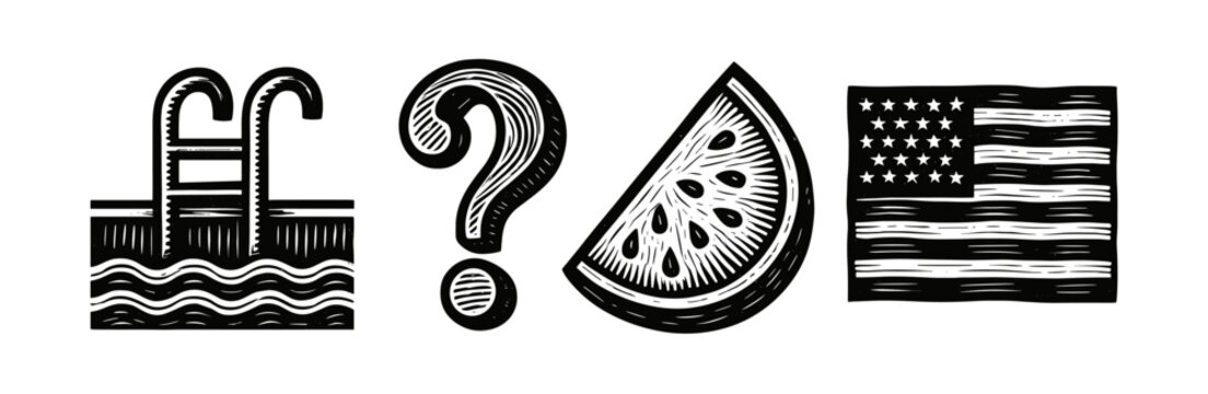 Retro engraved icons: pool, question mark, watermelon, american flag