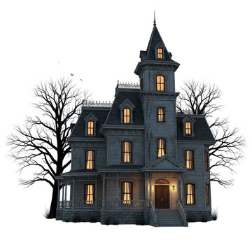 Spooky haunted mansion with glowing windows, bare trees, and dark sky, mysterious gothic building, eerie atmosphere, scary scene