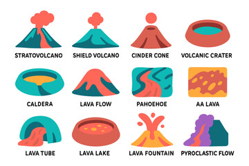 Volcanic elements collection: different types of volcanoes and lava in flat style