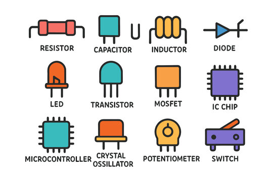 Electrical components icons set: resistor, capacitor, inductor, and more in flat style