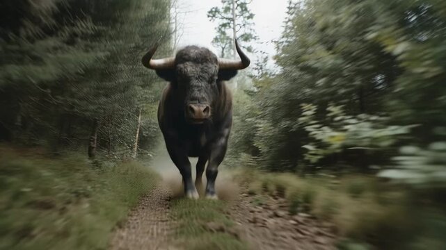 4K Powerful gaur bull charging aggressively through a dense, blurred forest path, kicking up dust with intense speed and motion video
