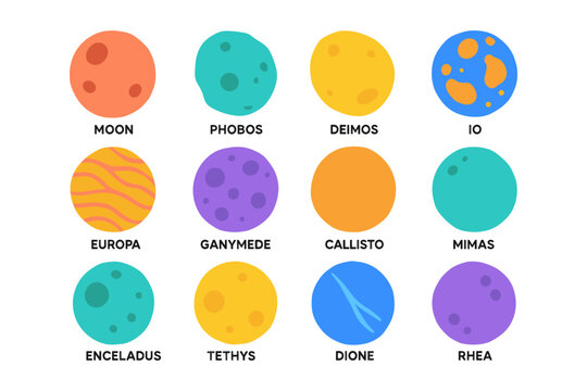 Colorful planetary moons collection with names