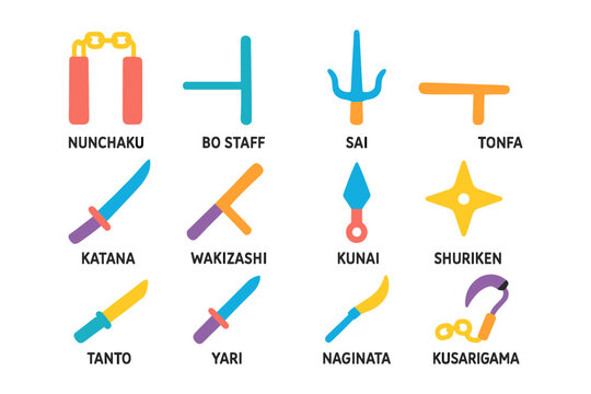 Colorful martial arts weapons set with names in modern flat design