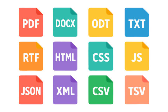 Colorful icon set of document file types in flat design style