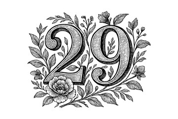 Intricate floral number design featuring decorative 29 with elegant botanical elements