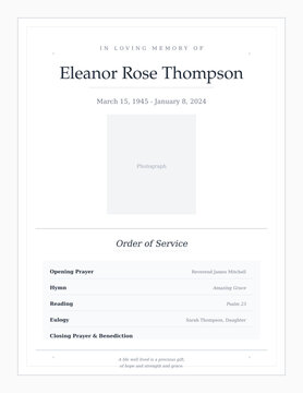 Elegant funeral memorial program with photo, order of service, dignified design. Editable SVG for memorial services, celebration of life, obituary programs. Print-ready tribute.