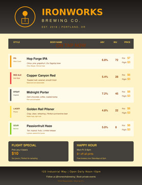Modern craft brewery taproom menu with beer list, ABV, IBU, tasting notes. Editable SVG for craft breweries, beer bars, tap rooms. Industrial hipster design.