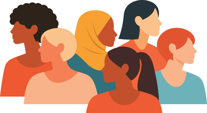 Flat vector illustration of a diverse group of women shown in side profile with different skin tones, hairstyles, and cultural backgrounds.