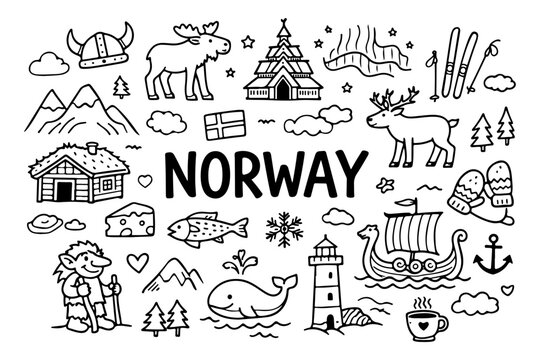 Norway Travel Hand Drawn Doodle Set. Vector Illustration of Scandinavian Landmarks, Viking and Nature Symbols.