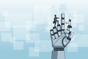 Collaboration of human and modern technology. Futuristic robotic hand with points upward, surrounded by floating tech icons like gears, brain, chart, rocket. People runs up on robot hand.