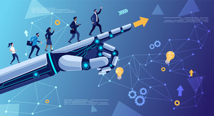 Collaboration of human and modern technology. Futuristic robotic hand with points upward, surrounded by floating tech icons like gears, brain, chart, rocket. People runs up on robot hand.