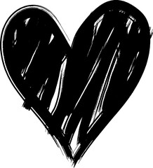 Abstract hand drawn heart shape filled with a rough, scribbled black brush texture on an isolated background. Perfect for edgy, artistic, or romantic graphic design projects.