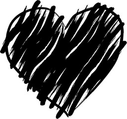 Abstract hand drawn heart shape filled with a rough, scribbled black brush texture on an isolated background. Perfect for edgy, artistic, or romantic graphic design projects.
