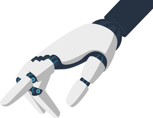 Abstract sleek, white robotic hand with blue accents points forward against a clean white background. Perfect for themes of technology,  automation, and future innovation in design projects.