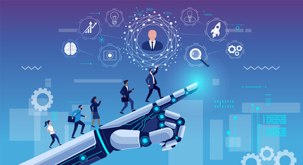 Collaboration of human and modern technology. Futuristic robotic hand with points upward, surrounded by floating tech icons like gears, brain, chart, rocket. People runs up on robot hand.