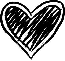 Abstract hand drawn heart shape filled with a rough, scribbled black brush texture on an isolated background. Perfect for edgy, artistic, or romantic graphic design projects.