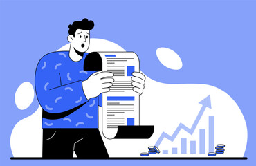 Cartoon man in a blue sweater reads a document, bill or tax check with shock as a rising graph and coins appear beside him. Perfect for illustrating bad news, tax paying, rising prices.
