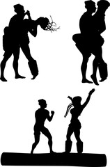 Black silhouette shows a man and a woman dancing in a dynamic, pose against a white background. Perfect for themes of rescue, romance, or action in graphic design projects.