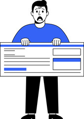 Cartoon man in a blue shirt holds a giant check, his face frozen in shock and disbelief. Perfect for illustrating surprise, financial stress, or unexpected bills in design projects.