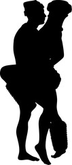 Black silhouette shows a man and a woman dancing in a dynamic, pose against a white background. Perfect for themes of rescue, romance, or action in graphic design projects.