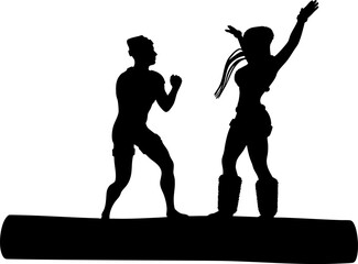 Black silhouette shows a man and a woman dancing in a dynamic, pose against a white background. Perfect for themes of rescue, romance, or action in graphic design projects.