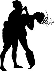 Black silhouette shows a man and a woman dancing in a dynamic, pose against a white background. Perfect for themes of rescue, romance, or action in graphic design projects.
