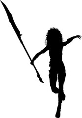 Black silhouette of a warrior zombie woman with outstretched, clawed hands against a white background. Perfect for Halloween, horror themes, or spooky graphic design projects.