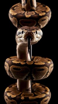 Close-up of a Ball Python Snake coiled and showing its fangs.