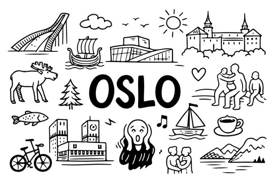 Oslo Norway Travel Hand Drawn Doodle Set. Vector Illustration of City Landmarks, Viking Ship and Skiing Symbols.