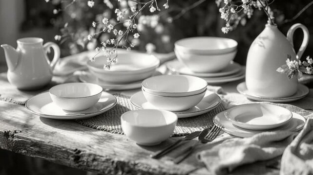 Beautifully decorated rustic wooden table with white dishes and flowers waiting for a meal