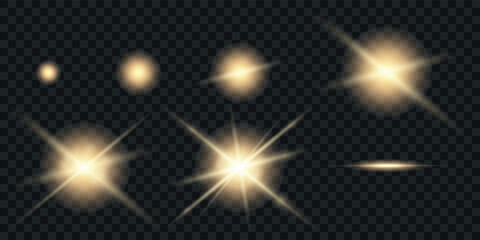 A set of golden light flashes and soft highlights of varying shapes and brightness on a transparent background, creating the effect of magical or cinematic light.