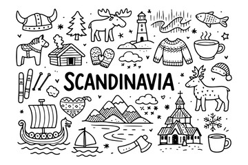 Fototapeta premium Hand drawn doodle set of Scandinavia travel elements and Nordic culture icons