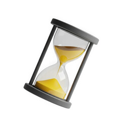 A glass hourglass with yellow sand isolated on transparent background