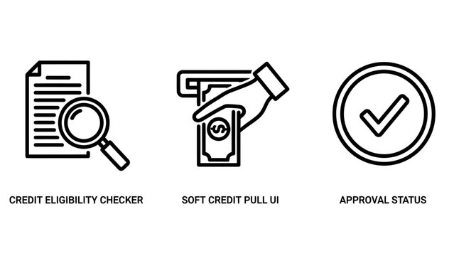 Icons illustrating creditworthiness checks, soft credit pull process, and approval status for financial services and loan applications.