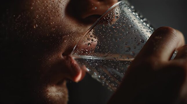 Man Drinking Cold Water from Glass.